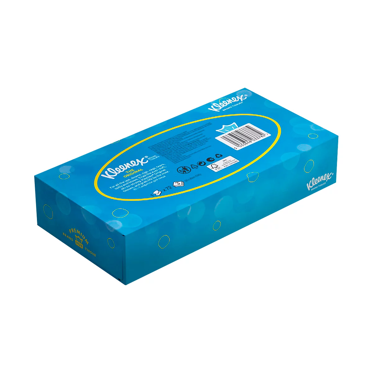 Boîte de Kleenex bleu-turquoise avec lettrage jaune, le logo Kleenex est proéminent.