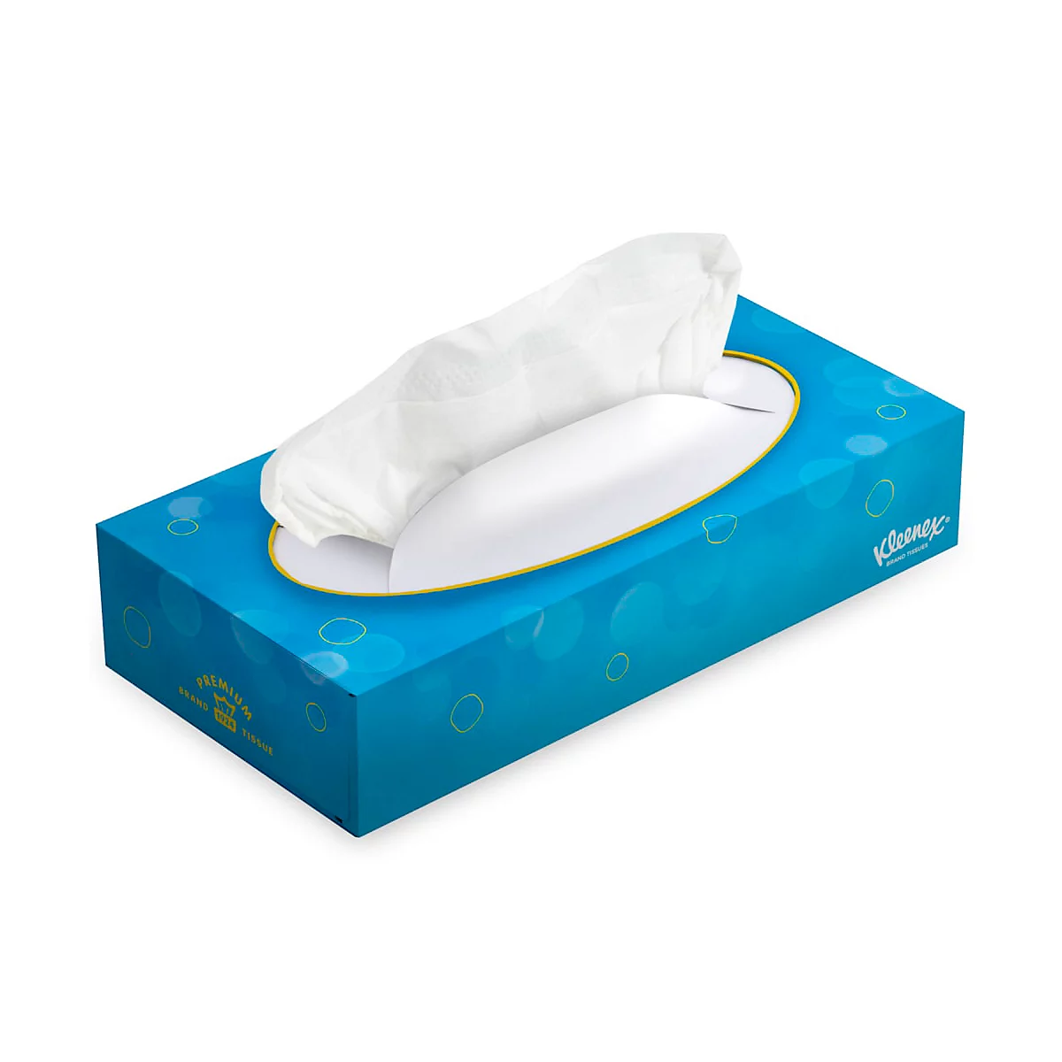 Boîte de mouchoirs bleue et sarcelle avec des mouchoirs blancs qui en sortent, avec le logo Kleenex.