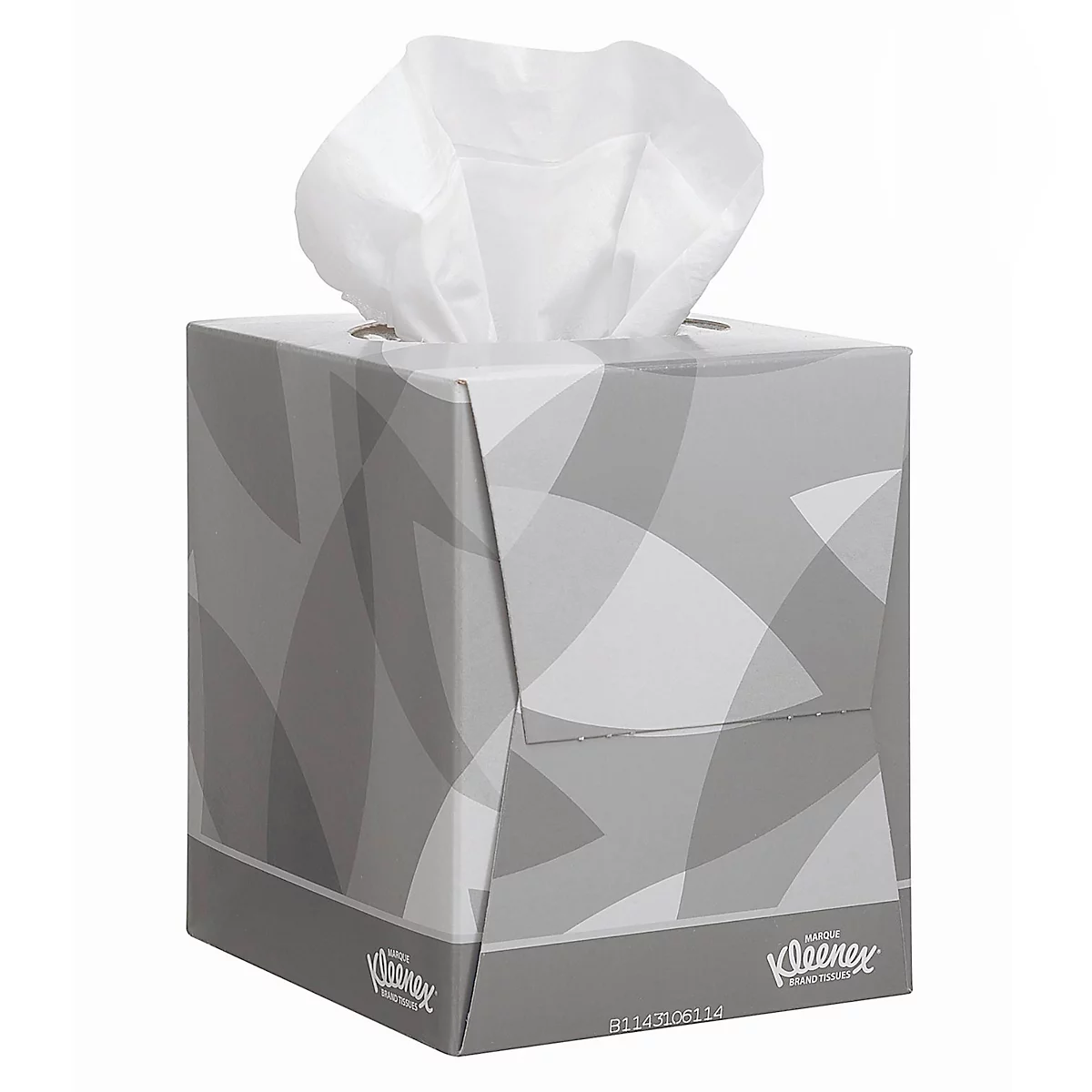 Boîte de mouchoirs avec des mouchoirs blancs qui dépassent. La boîte a un motif gris et l'inscription 'Kleenex'.