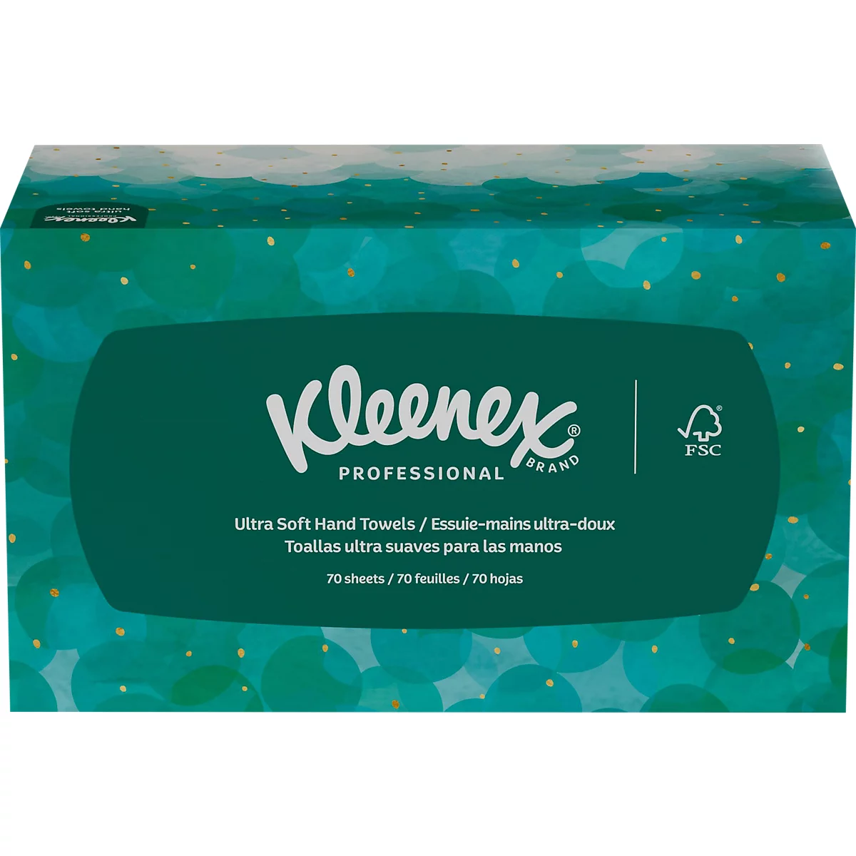 Groene doos Kleenex Professional handdoeken. Tekst: Ultra Soft Hand Towels. FSC-logo rechts.
