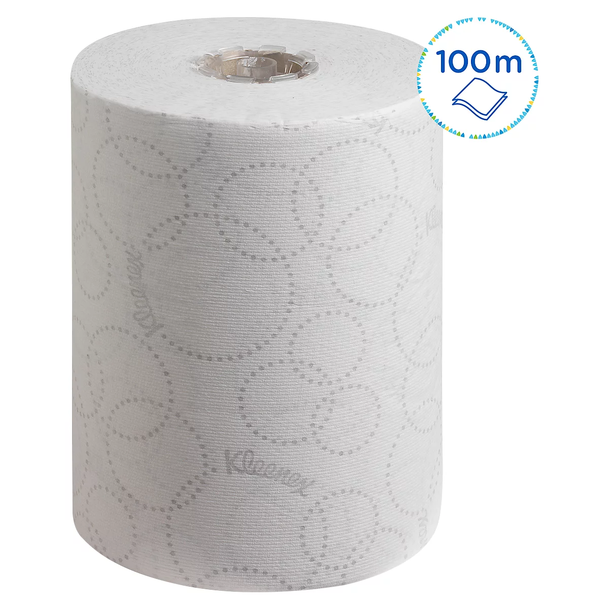 Rolle Toilettenpapier mit gepunktetem Muster. Kleenex Schriftzug. Aufkleber 100m.