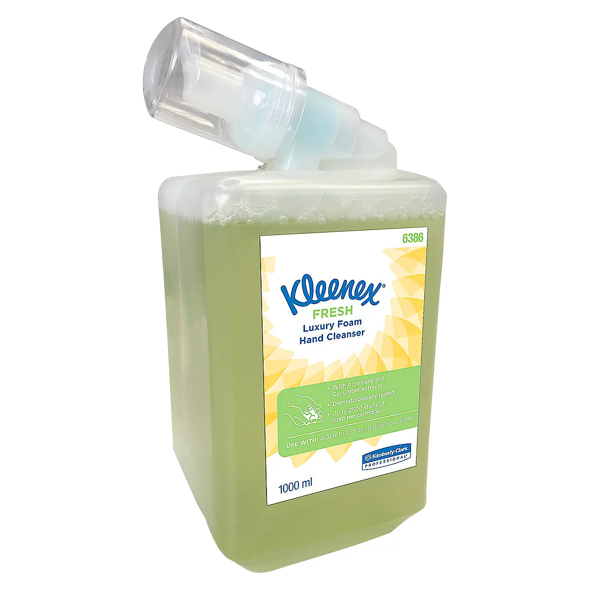 A green Kleenex hand soap bottle with dispenser, containing "Fresh Luxury Foam Hand Cleanser."