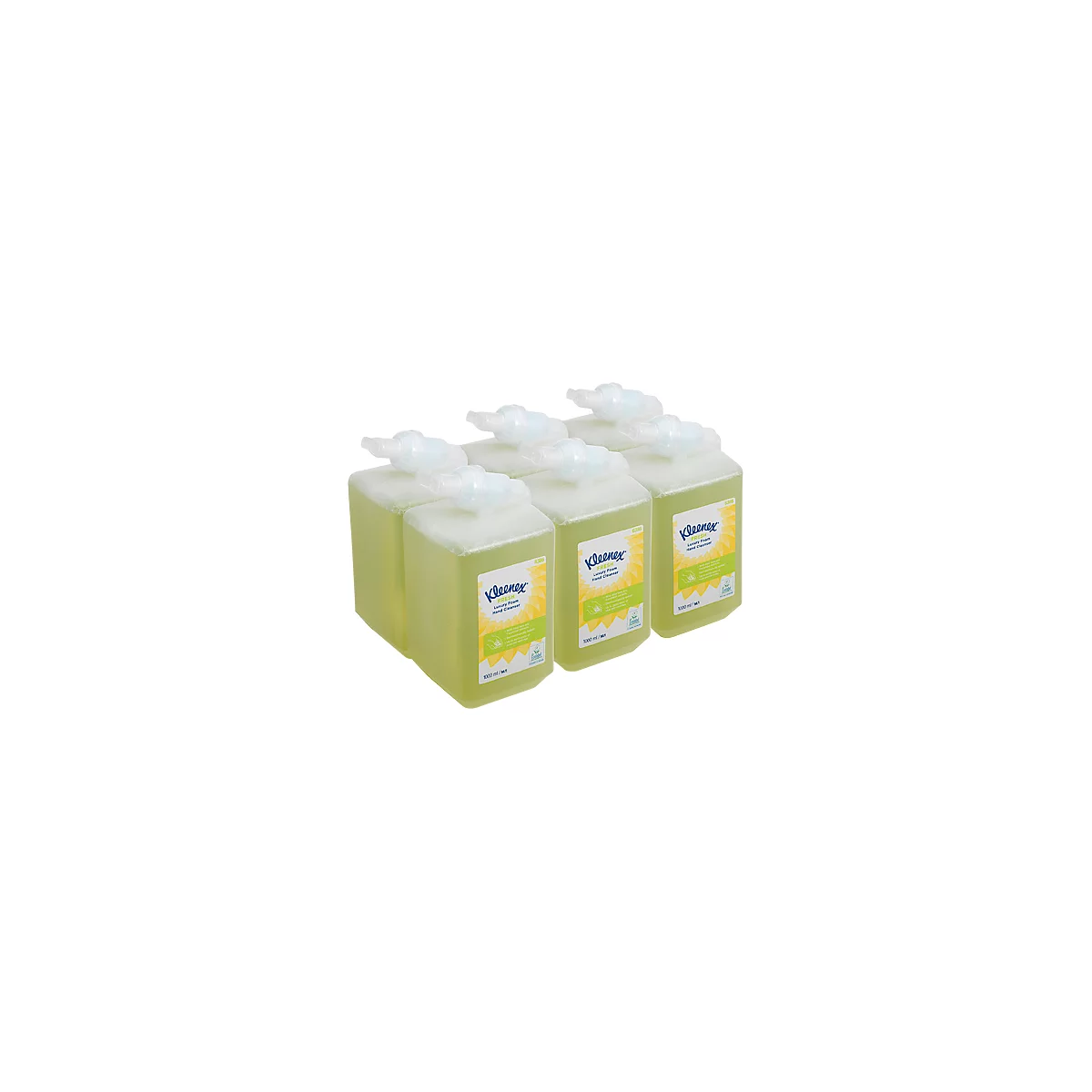 A group of six square Kleenex soap dispensers, filled with yellowish-green soap. The labels display the product's name and design.