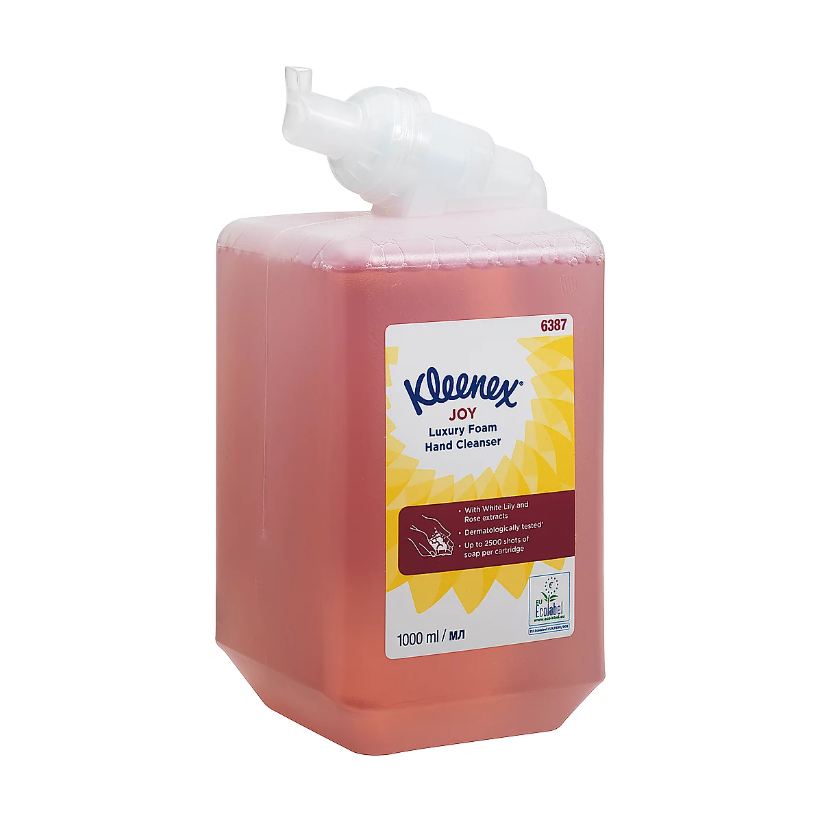 Kleenex Joy hand soap, pink liquid in a dispenser with a yellow label.