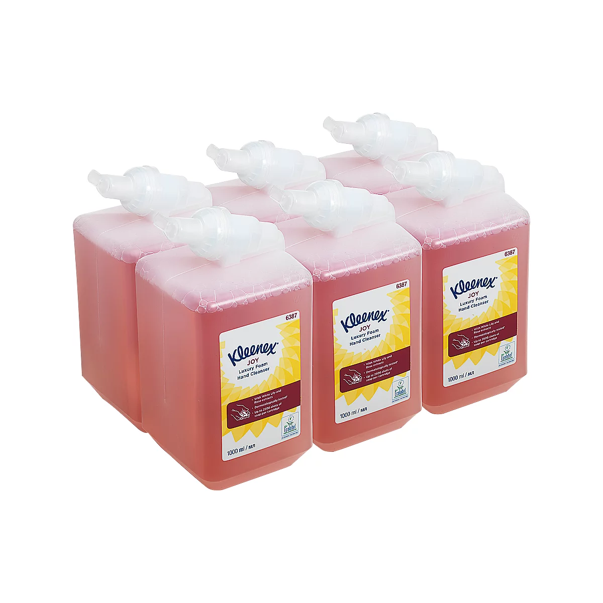 Six pink liquid soap dispensers, labeled Kleenex Joy, stand side by side.