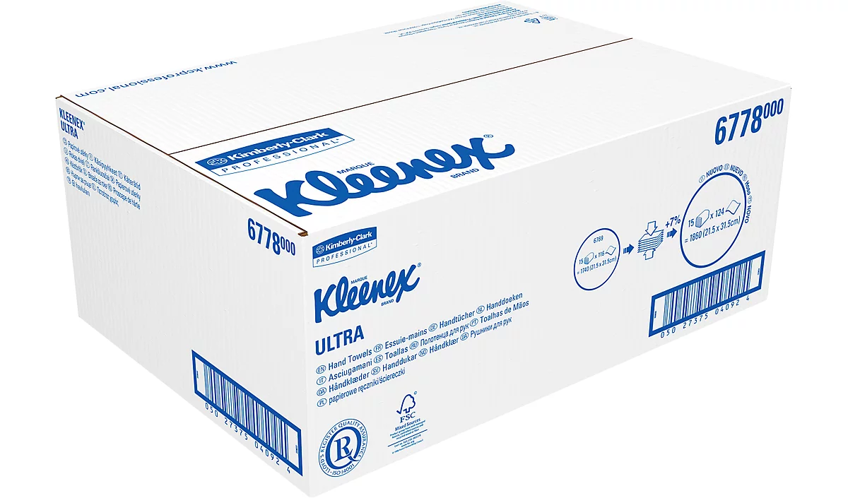 Kleenex® Toallas de formato ultra higiénico Interfold 6778, 2 capas, plegado en V, paquete de 15 toallitas á 124, blanco