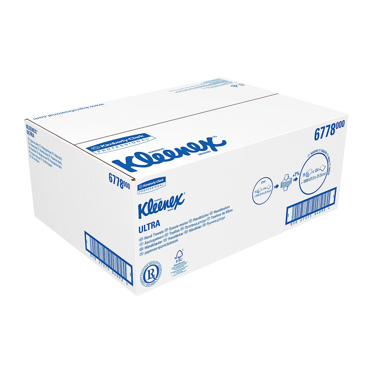 Kleenex® Toallas de formato ultra higiénico Interfold 6778, 2 capas, plegado en V, paquete de 15 toallitas á 124, blanco