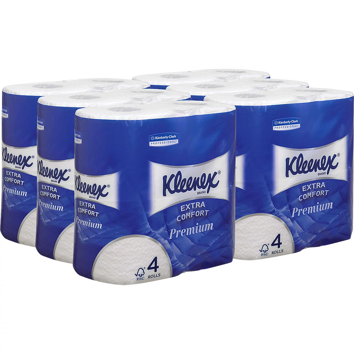 Meerdere pakken Kleenex toiletpapier met blauwe verpakking met het label "Extra Comfort Premium".