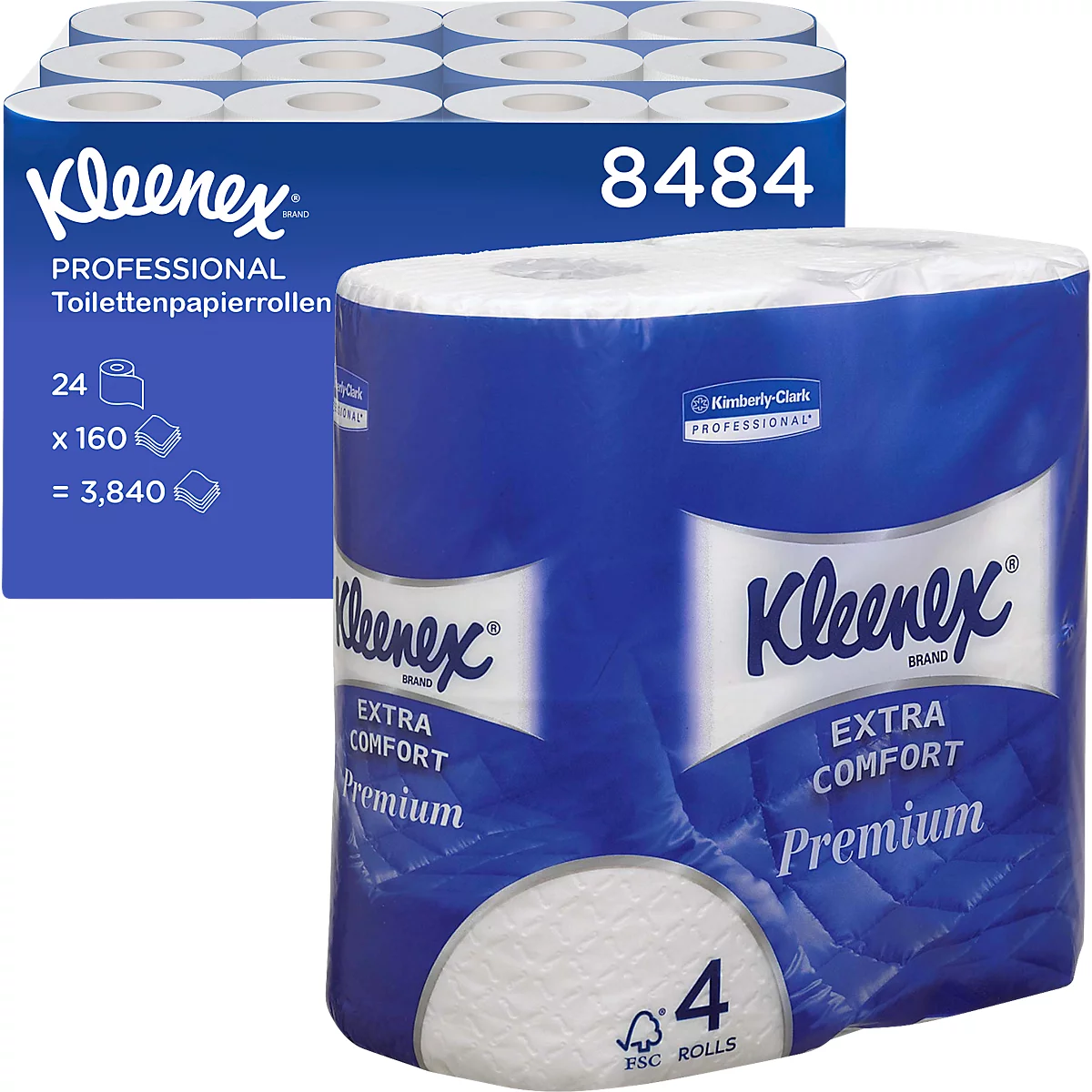 Zwei Packungen Kleenex Toilettenpapier, blau und weiß. Eine Packung enthält 24 Rollen, die andere 4 Rollen.