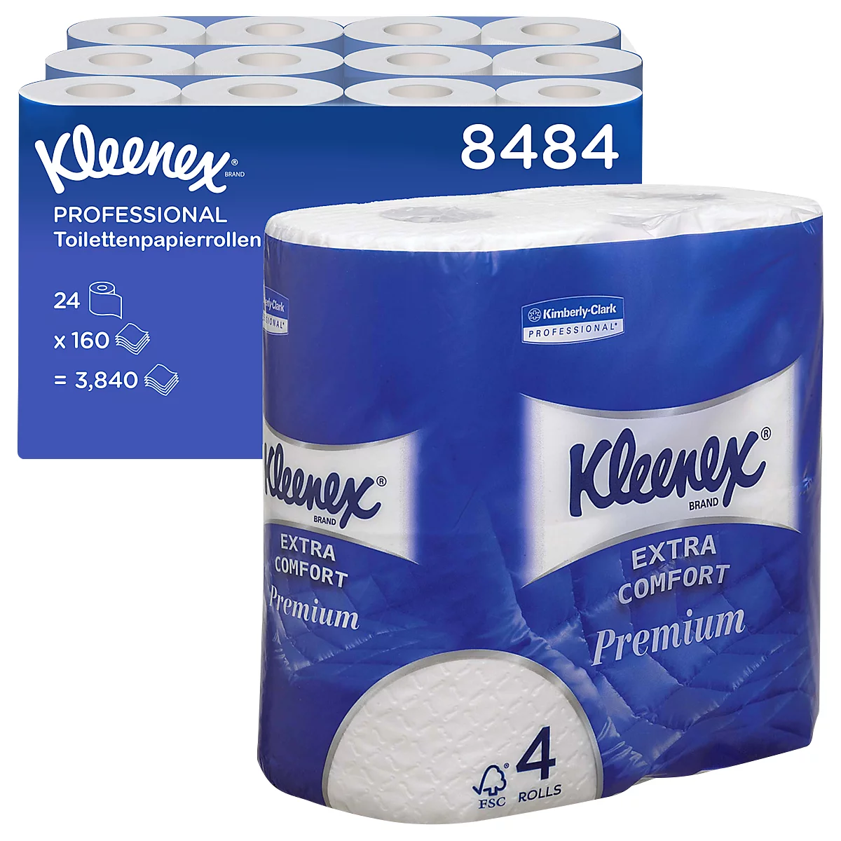 Zwei blaue Kleenex Toilettenpapierpakete: 24 Rollen mit 160 Blatt, und 4 Rollen. Kleenex Extra Comfort.