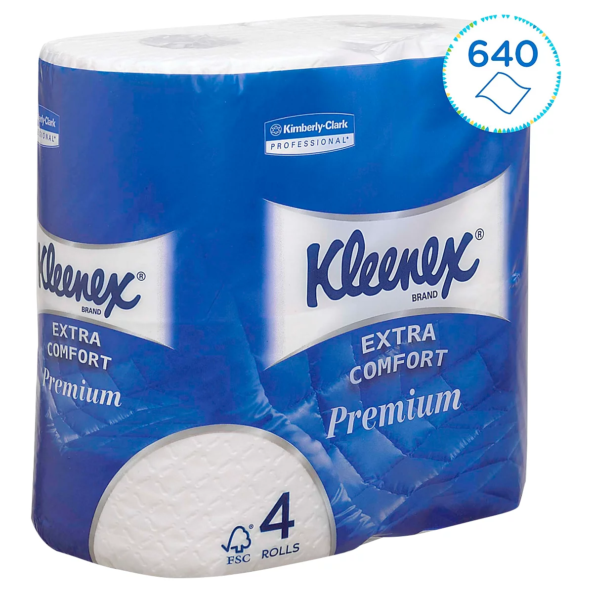 Eine Packung Kleenex-Taschentücher, blau verpackt. Aufschrift: Extra Comfort Premium. 4 Rollen, 640 Tücher.