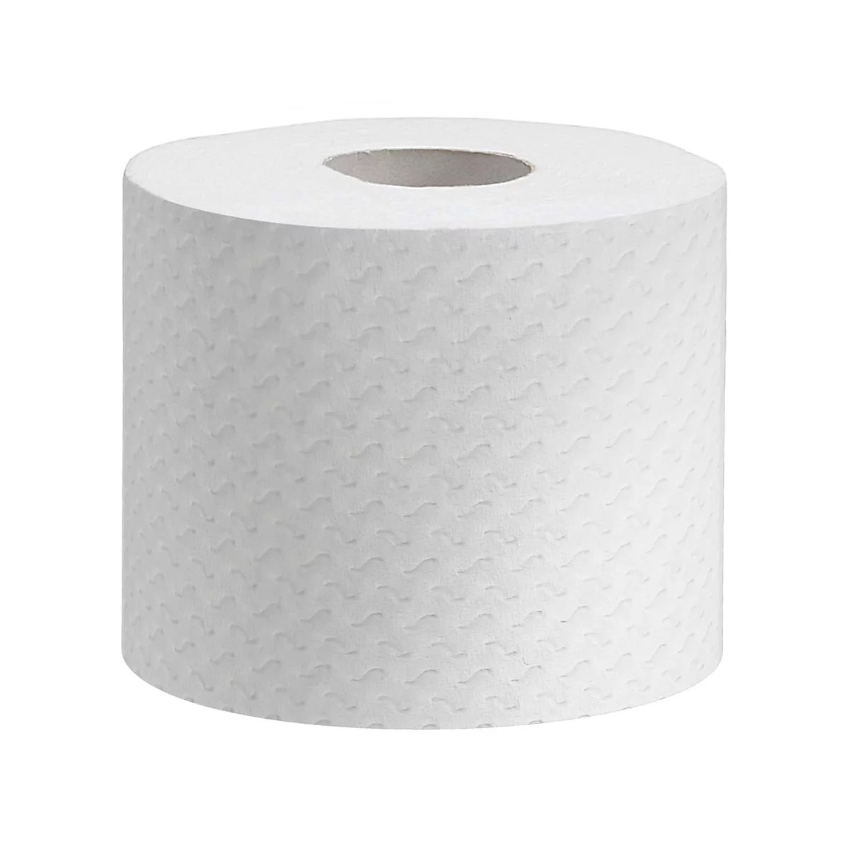 Rolle Toilettenpapier, weiß, mit geprägter Oberfläche, auf weißem Hintergrund.