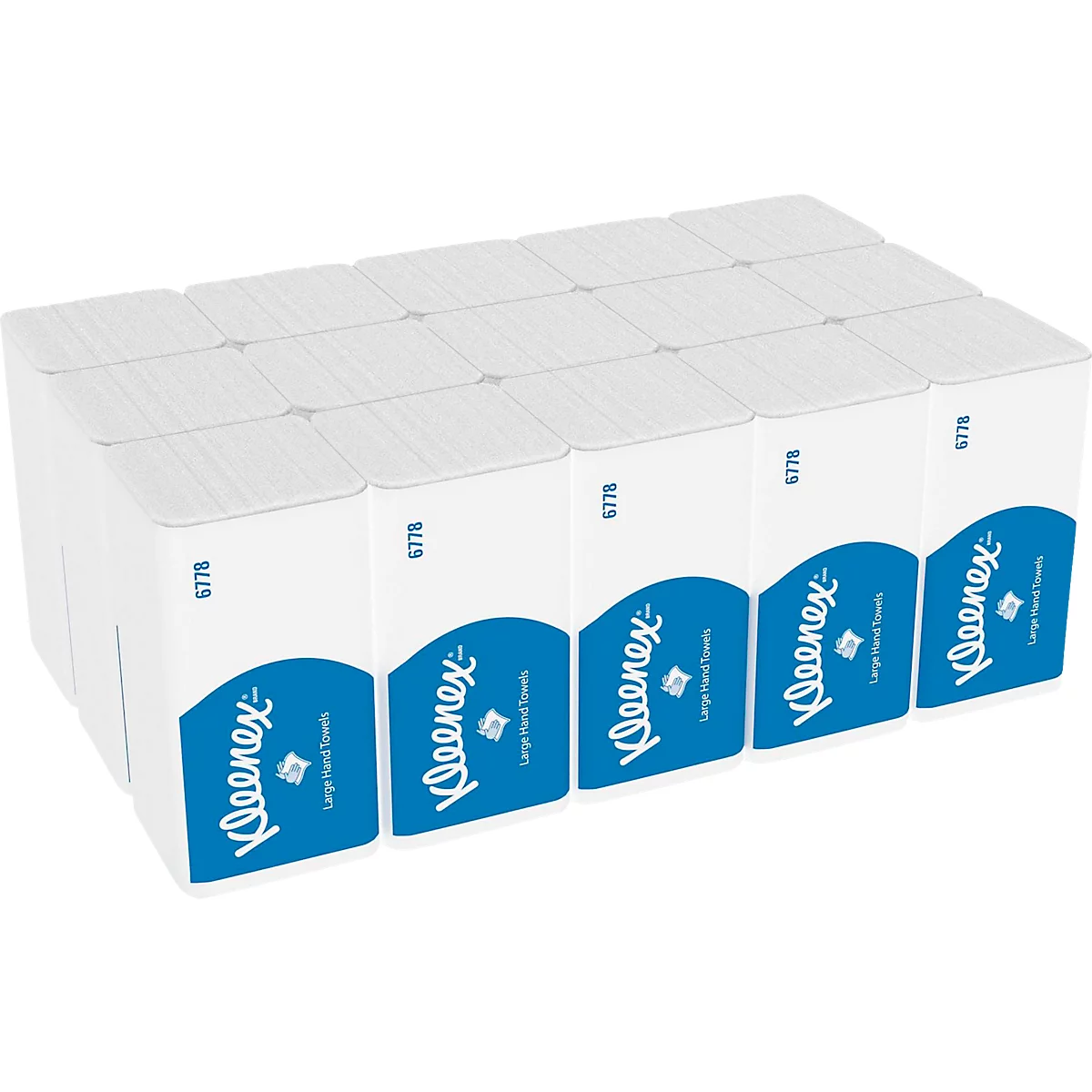 A stack of Kleenex boxes, labeled "Kleenex Large Hand Towels."