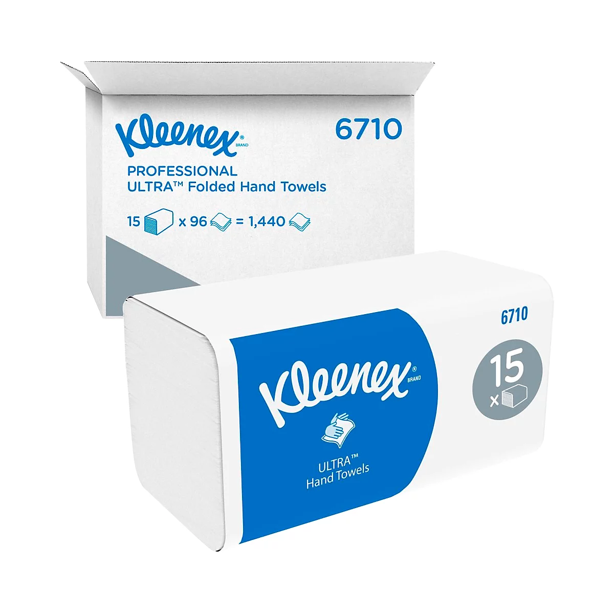 Two white Kleenex hand towel boxes with blue accents. Inscription: Professional Ultra Folded Hand Towels, 15 x 96 = 1,440.