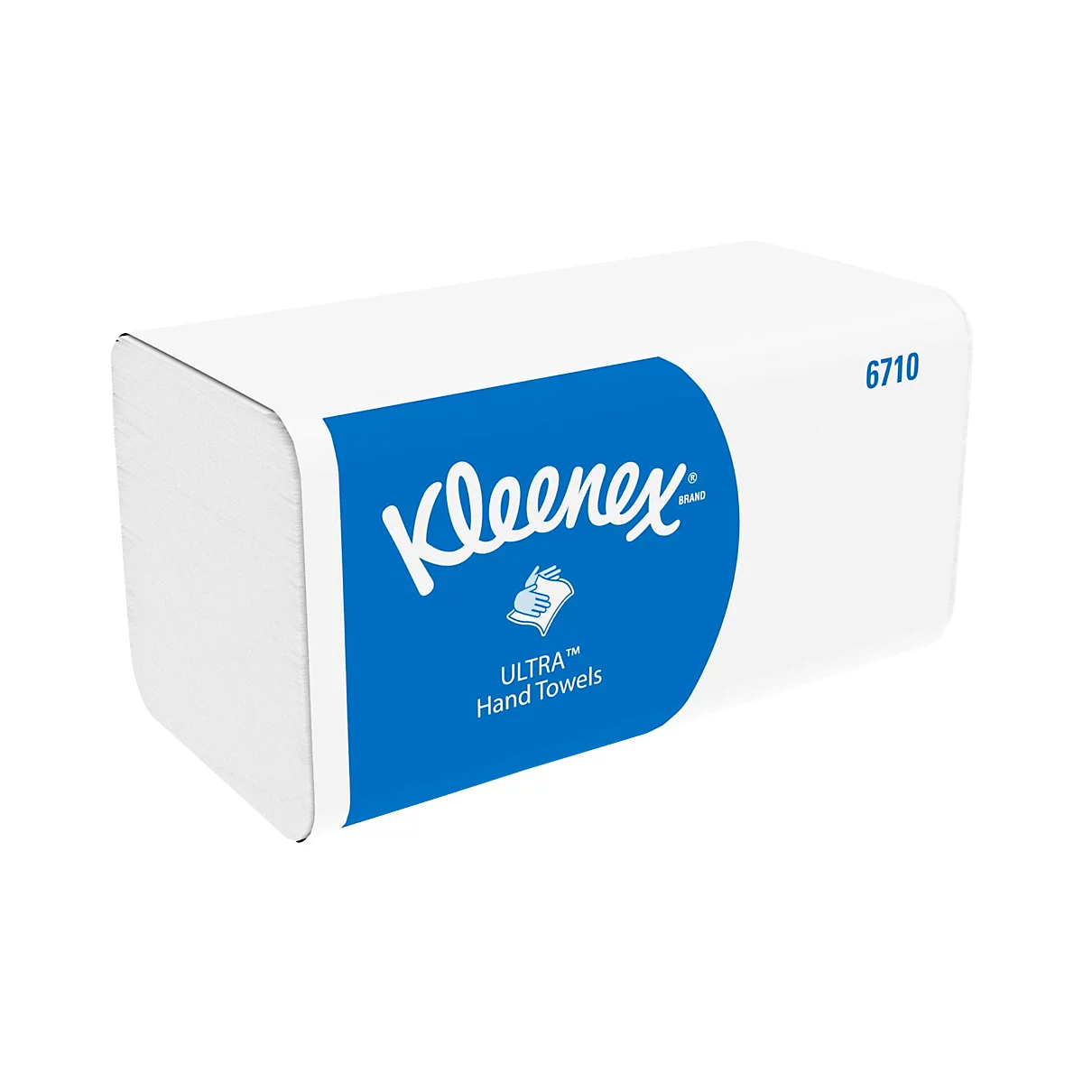 A rectangular package of white paper towels with a blue Kleenex logo and the words "ULTRA Hand Towels."