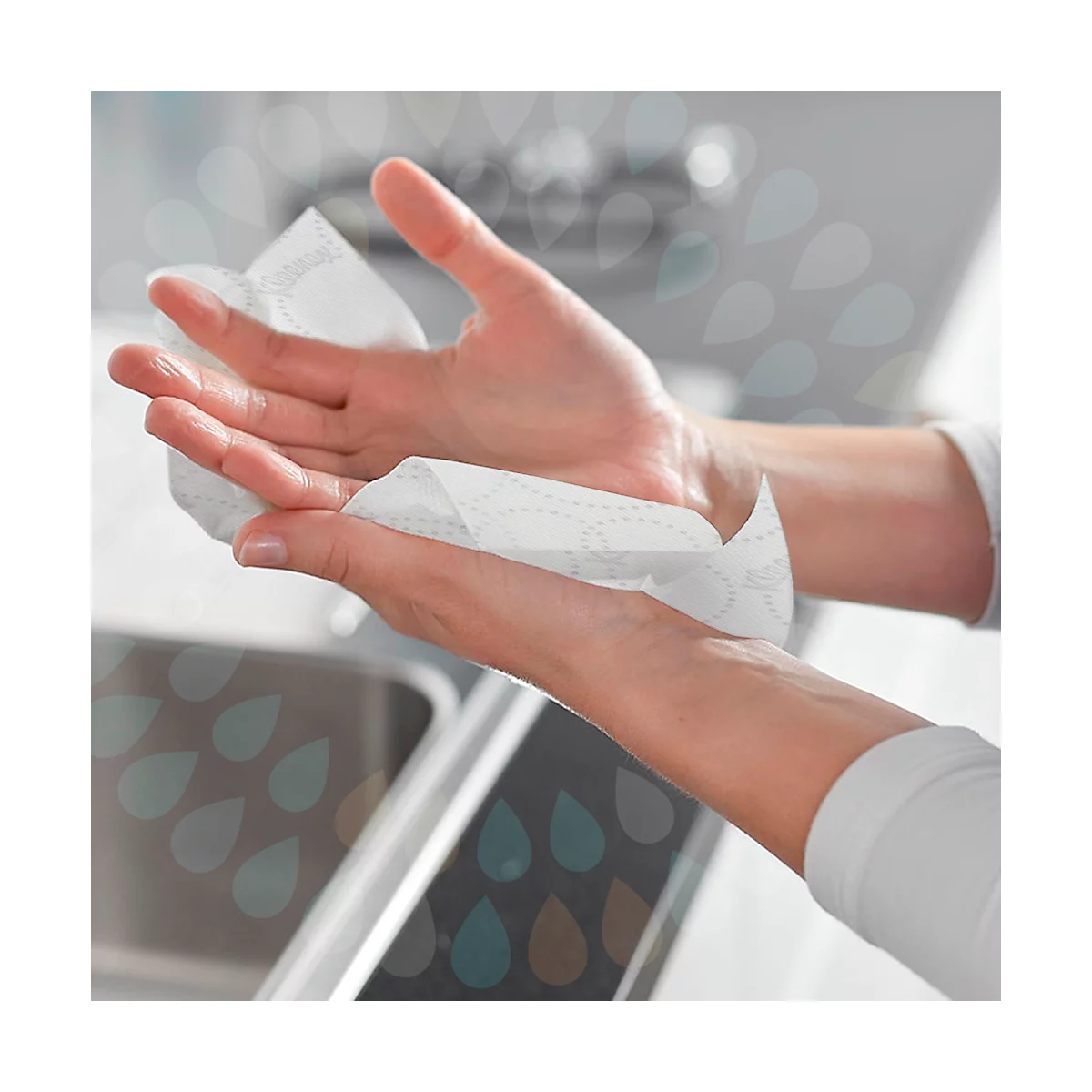 Hands holding a wet wipe. Detailed: skin tone, white wipe with dots, sink in the background.