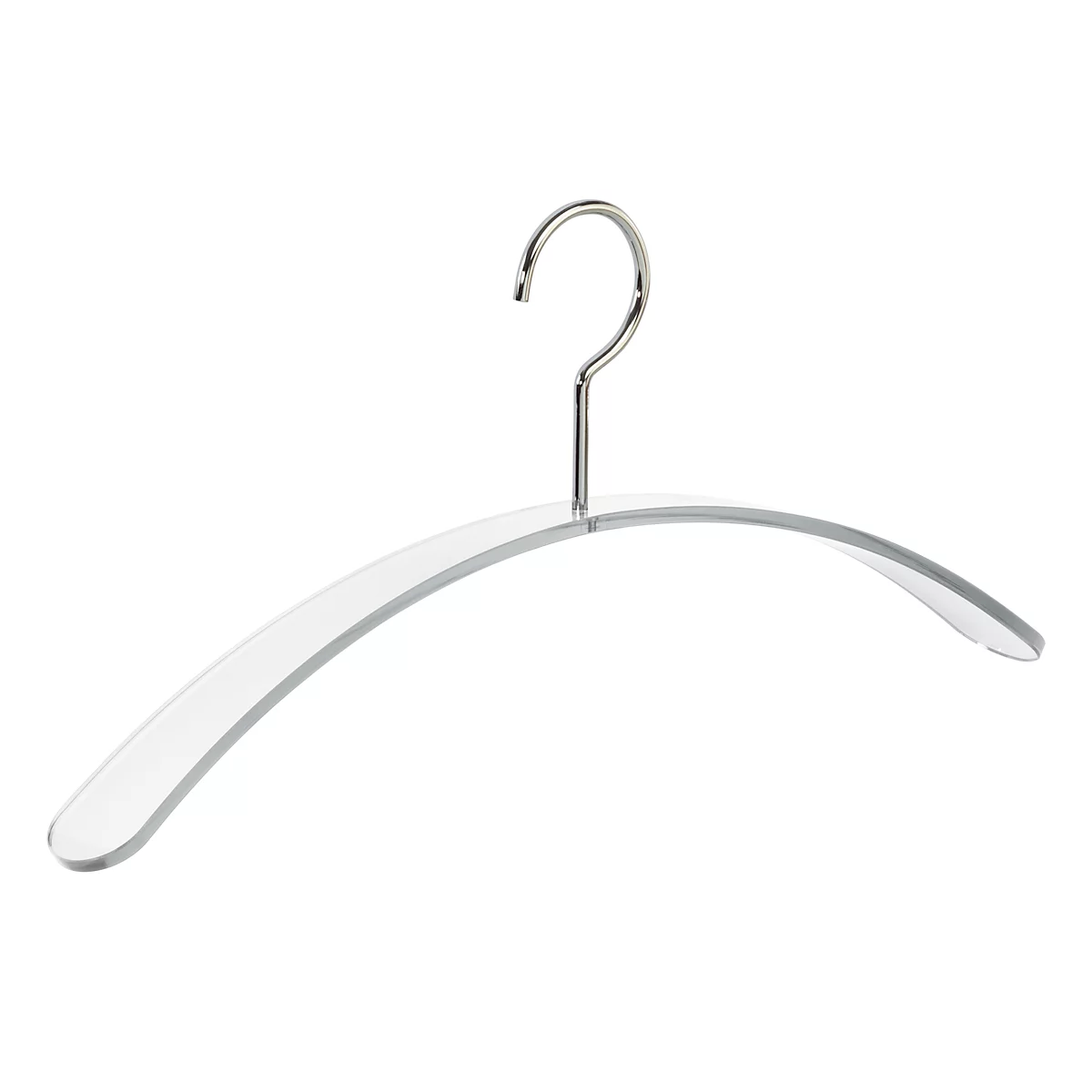 Transparante kledinghanger met zilveren haak, tegen een witte achtergrond.