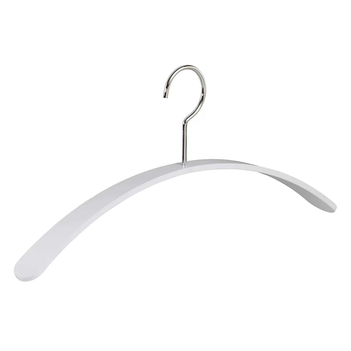 Witte kleerhanger met zilveren haak. De schouders zijn afgerond.