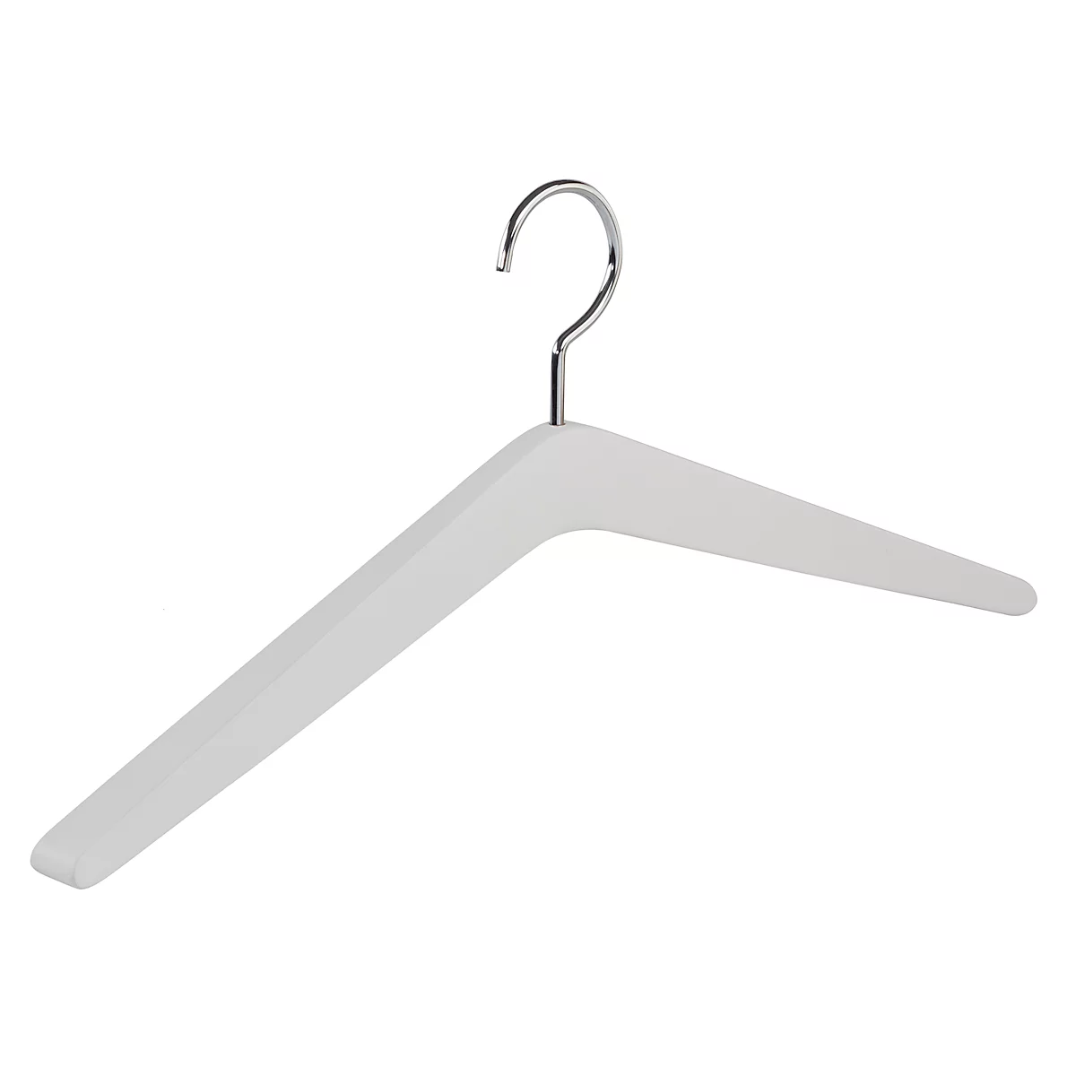 Witte kledinghanger met metalen haak, geïsoleerd tegen een witte achtergrond.