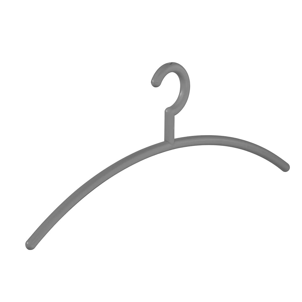 Grijze plastic kledinghanger, gebogen, met haak.