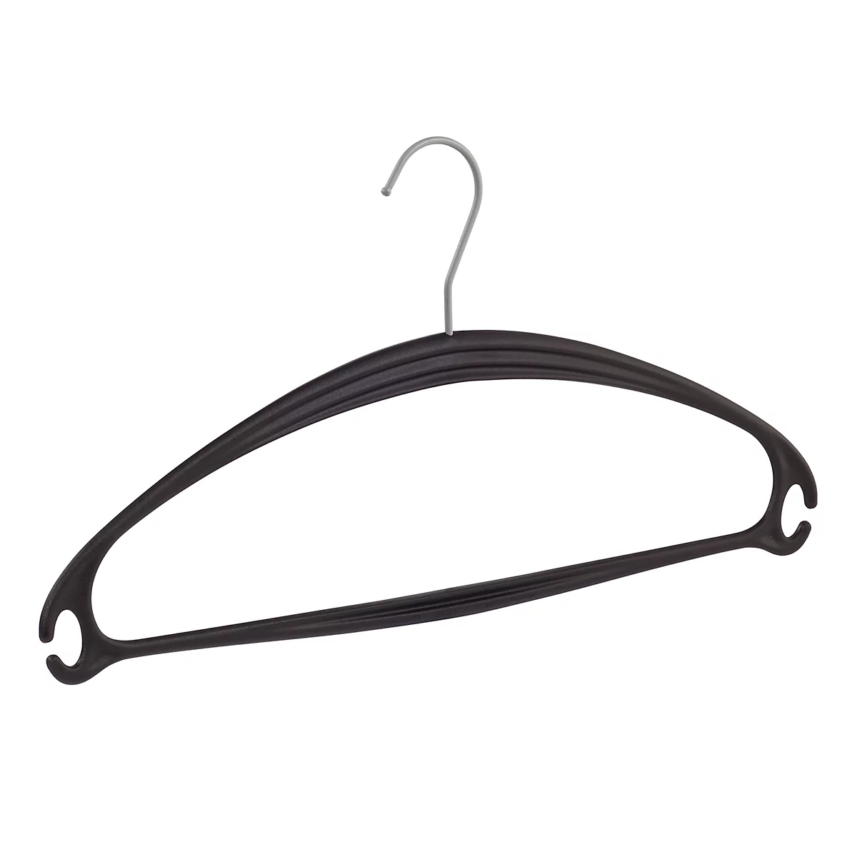 Zwarte kledinghanger met zilveren haak, geïsoleerd op witte achtergrond.