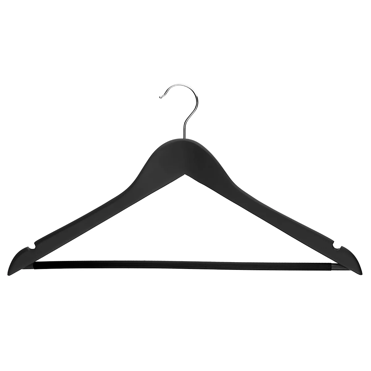 Zwarte kledinghanger op een witte achtergrond. De hanger heeft een metalen haak.