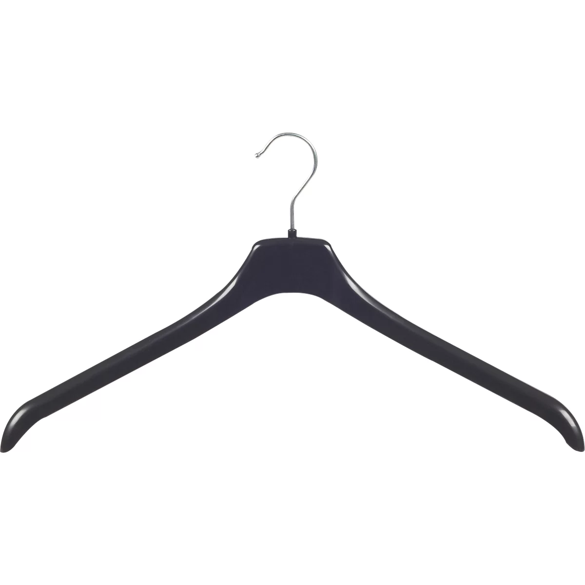 Zwarte kledinghanger op witte achtergrond, met haak en brede schouders.