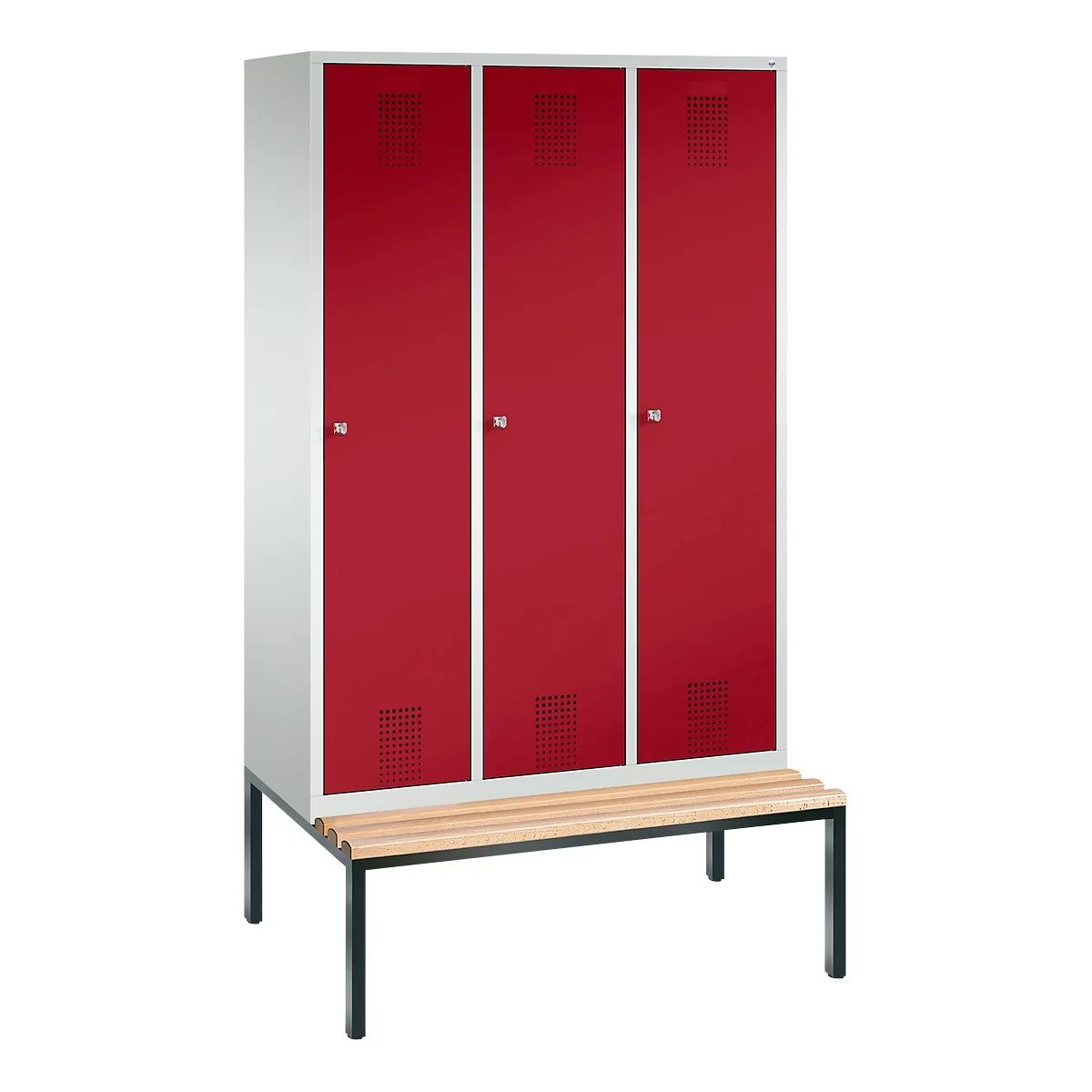kleerkast Evolo S 3000, bankje eronder, 3 compartimenten, staal, cilinderslot, lichtgrijs/rood, lichtgrijs/rood