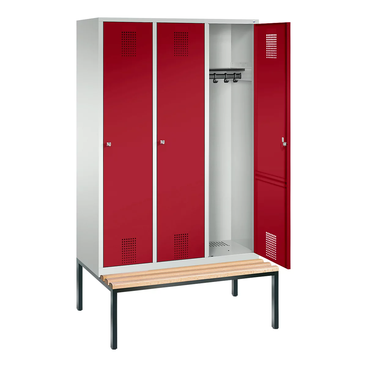 kleerkast Evolo S 3000, bankje eronder, 3 compartimenten, staal, cilinderslot, lichtgrijs/rood, lichtgrijs/rood