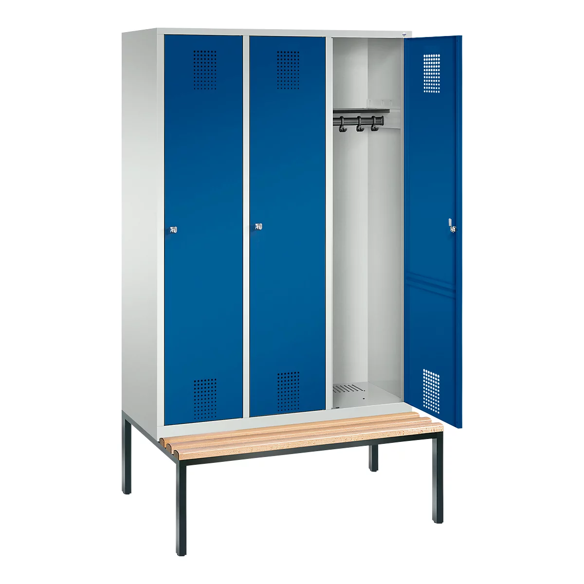 kleerkast Evolo S 3000, bankje onderin, 3 compartimenten, staal, cilinderslot, lichtgrijs/enziumblauw, 3 vakken, cilinderslot