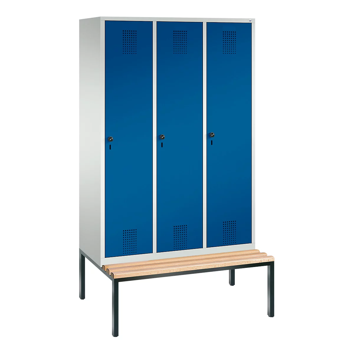 kleerkast Evolo S 3000, bankje onderin, 3 compartimenten, staal, veiligheidsslot, lichtgrijs/enziumblauw, draaibaar slot, lichtgrijs/enziumblauw