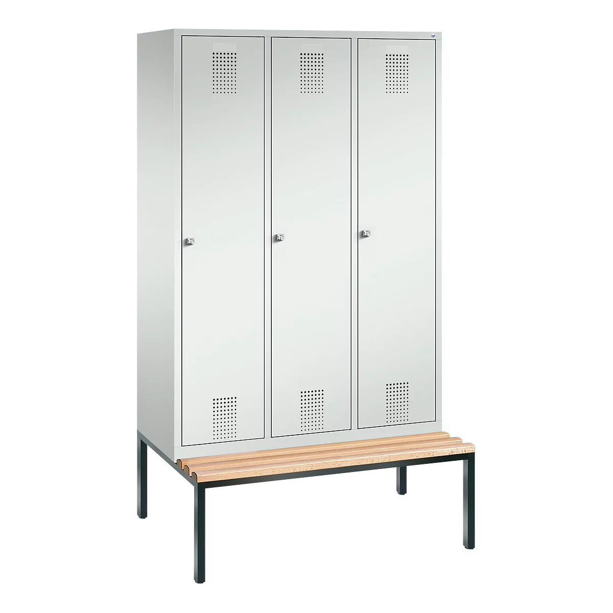 kleerkast Evolo S 3000, bankje onderin, 3 vakken, staal, cilinderslot, lichtgrijs/lichtgrijs