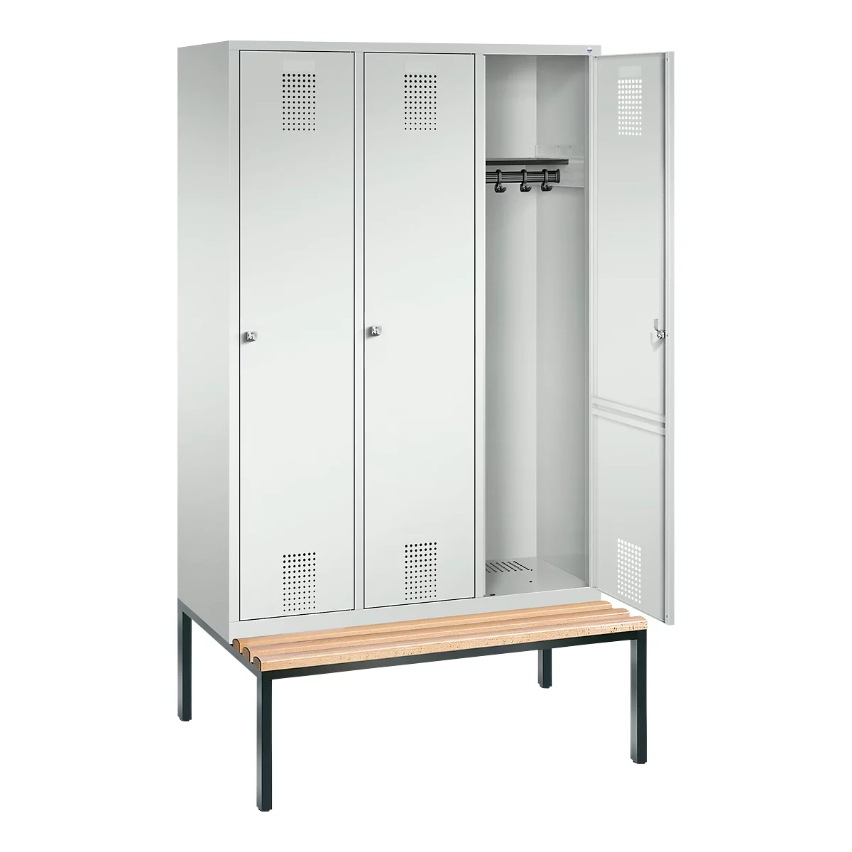 kleerkast Evolo S 3000, bankje onderin, 3 vakken, staal, cilinderslot, lichtgrijs/lichtgrijs