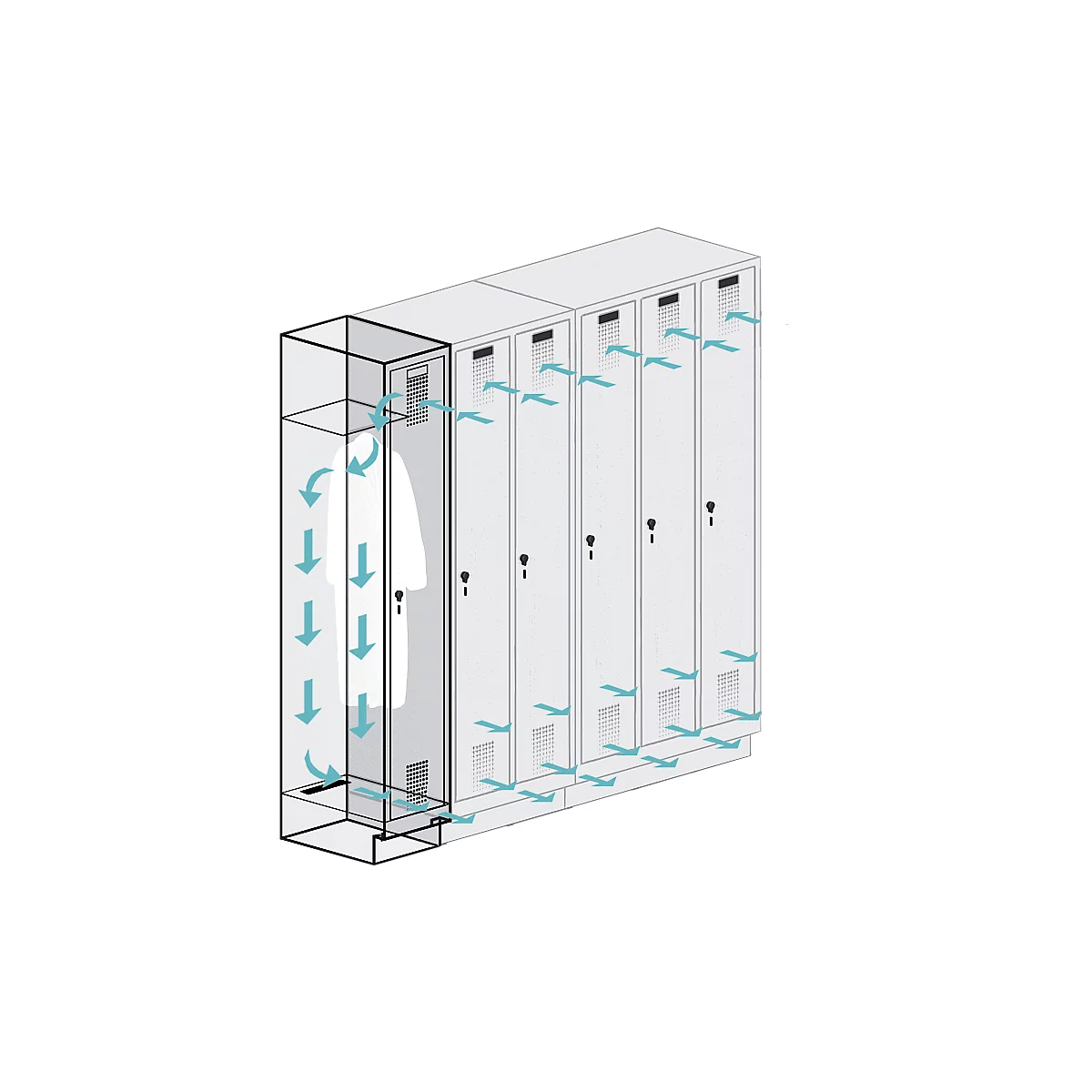 kleerkast Evolo S 3000, bankje onderin, 3 vakken, staal, cilinderslot, lichtgrijs/lichtgrijs