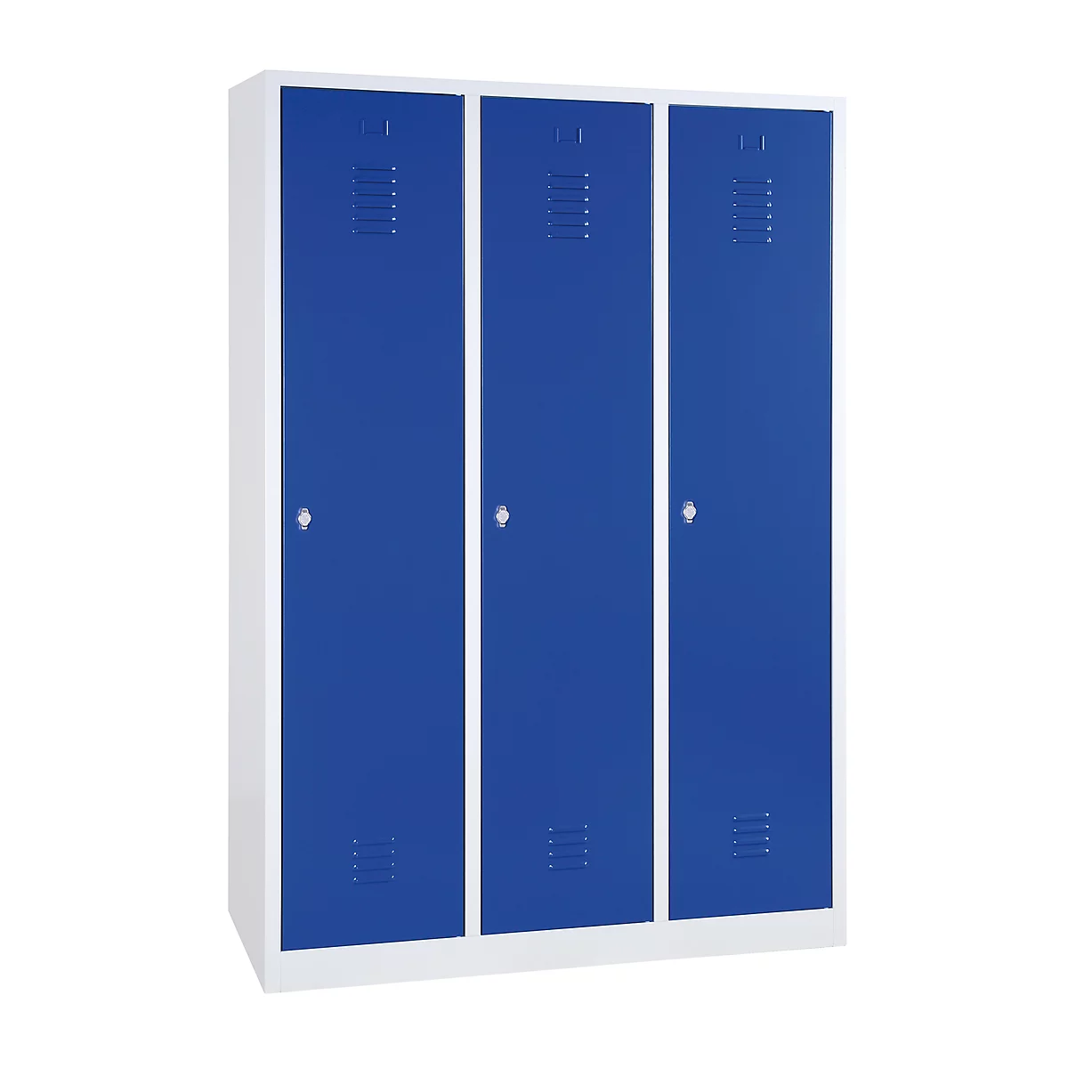 Kleiderspind, 3 Türen, B 1200 x H 1800 mm, Drehriegelverschluss, lichtgrau/blau