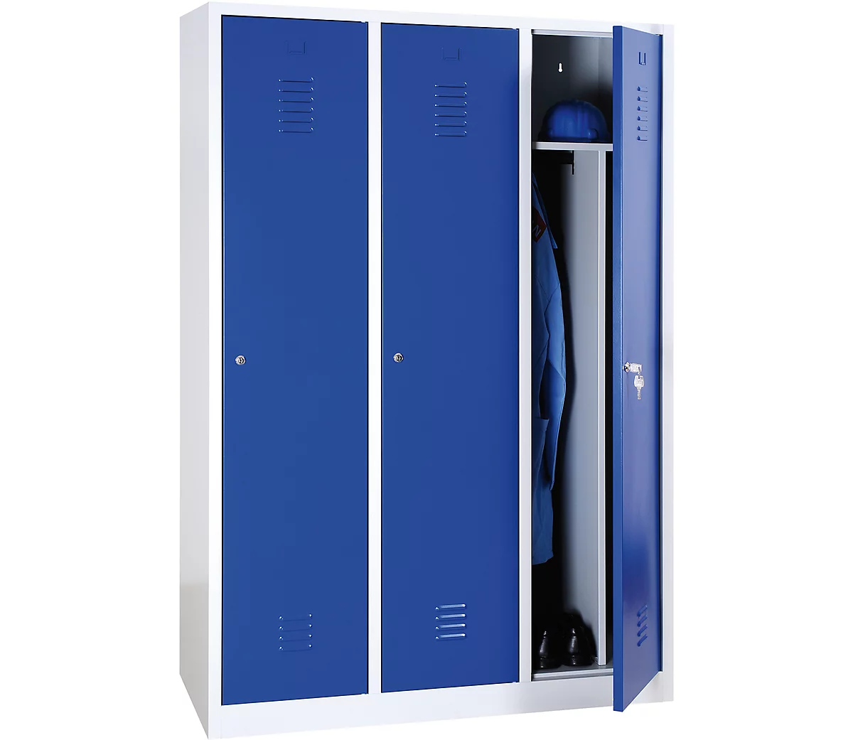 Kleiderspind, 3 Türen, B 1200 x H 1800 mm, Zylinderschloss, lichtgrau/blau