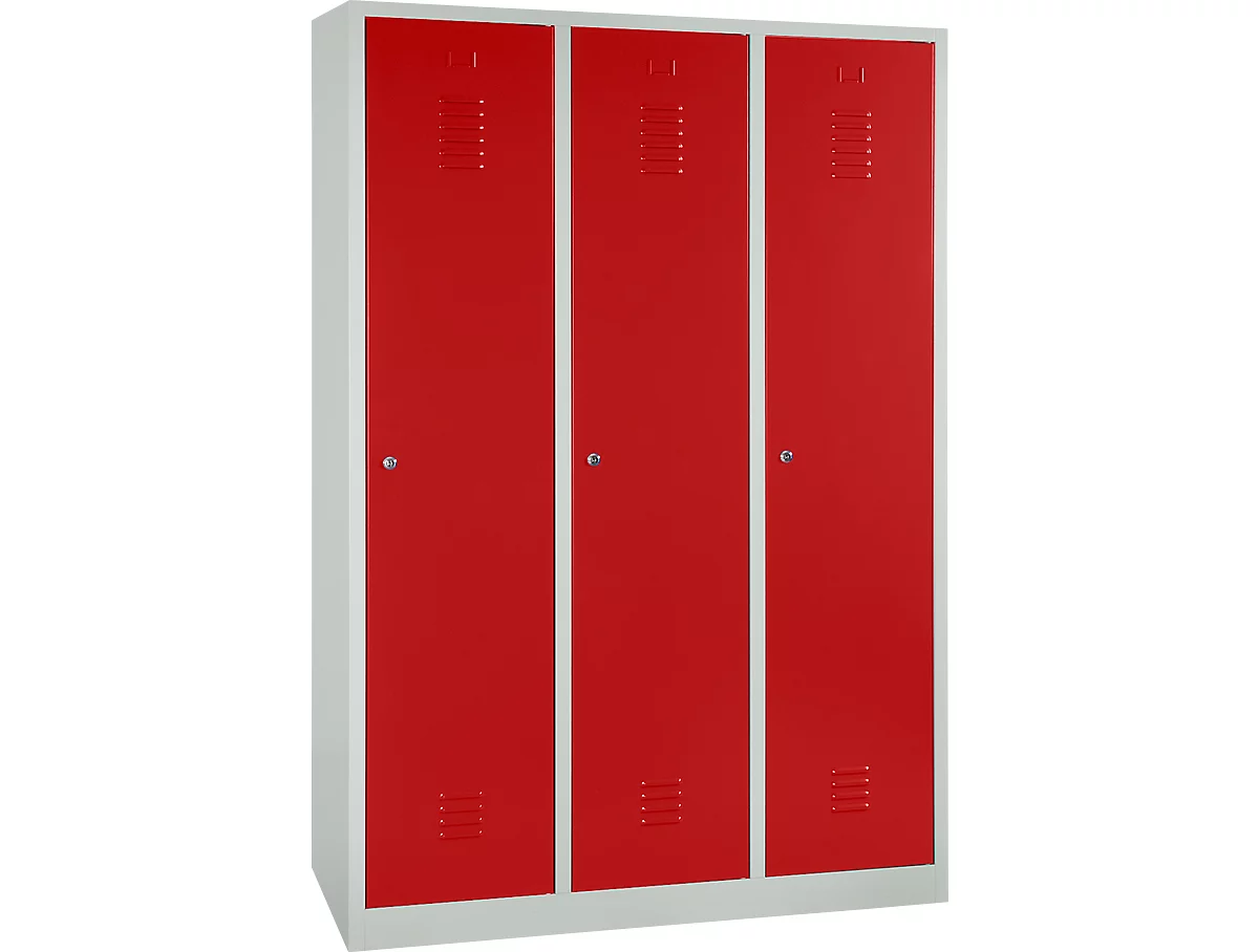 Kleiderspind, 3 Türen, B 1200 x H 1800 mm, Zylinderschloss, lichtgrau/rot