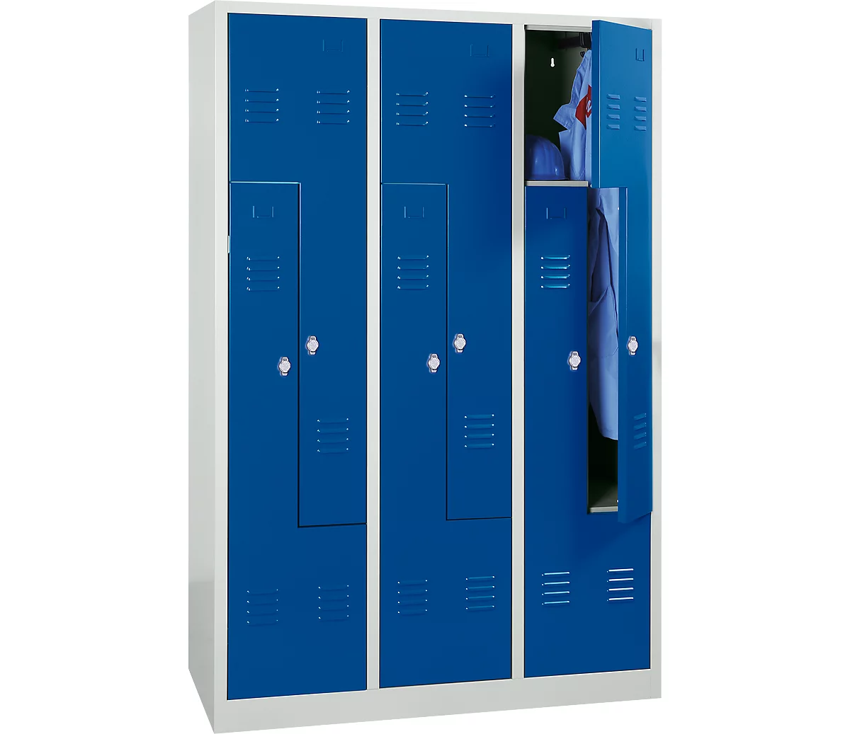 Kleiderspind, 6 Abteile, mit Sockel, 6 Fächer, mit Z-Türen, Zylinderschloss, lichtgrau/blau