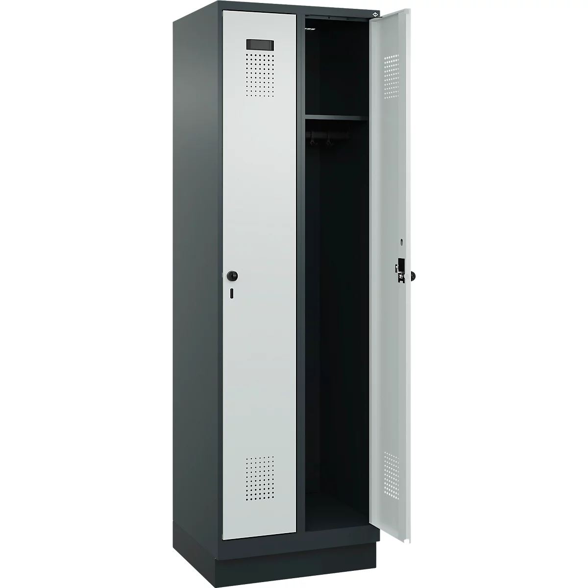 Kleiderspind C+P Evolo Plus, 2 Abteile, 300 mm Abteilbreite, mit Sockel, Anschlag rechts, Drehriegel, B 600 x T 500 x H 1950 mm, anthrazitgrau/lichtgrau