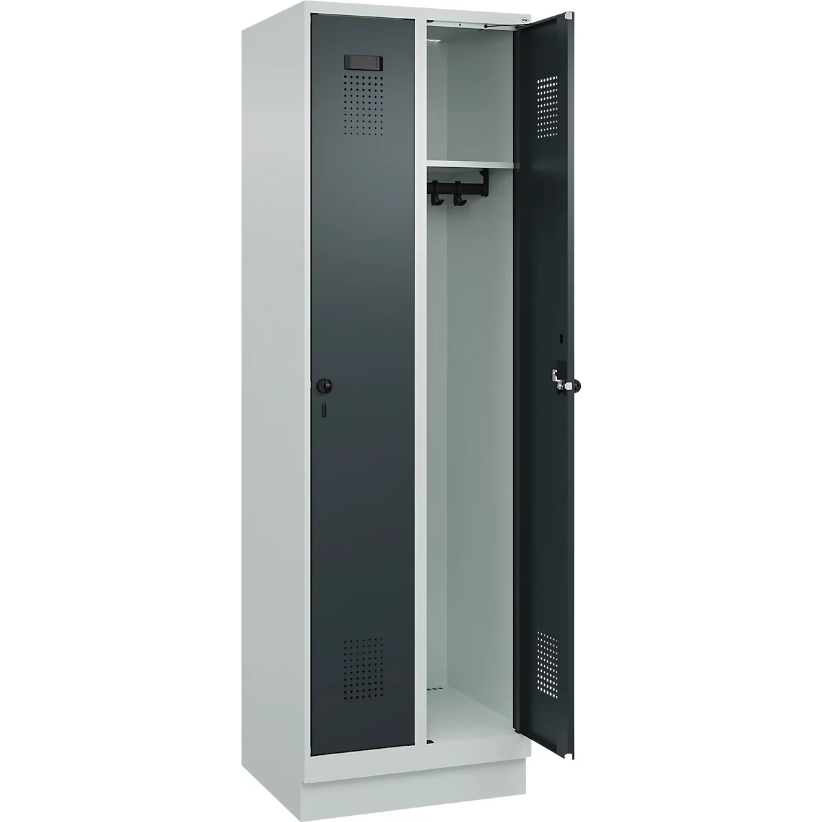 Kleiderspind C+P Evolo Plus, 2 Abteile, 300 mm Abteilbreite, mit Sockel, Anschlag rechts, Drehriegel, B 600 x T 500 x H 1950 mm, lichtgrau/anthrazitgrau