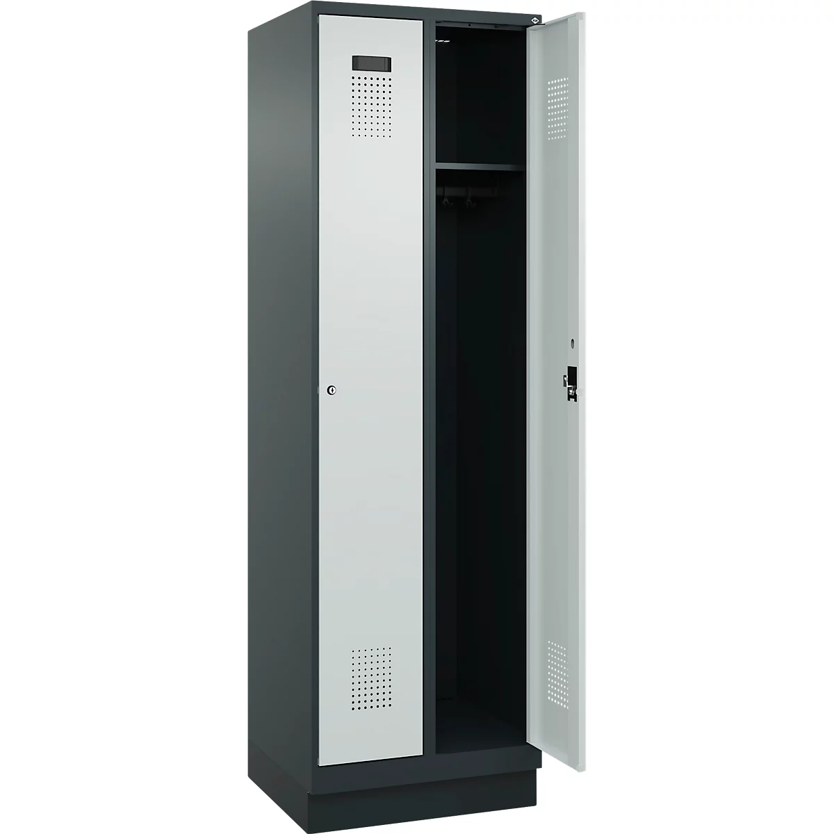 Kleiderspind C+P Evolo Plus, 2 Abteile, 300 mm Abteilbreite, mit Sockel, Anschlag rechts, Zylinder, B 600 x T 500 x H 1950 mm, anthrazitgrau/lichtgrau