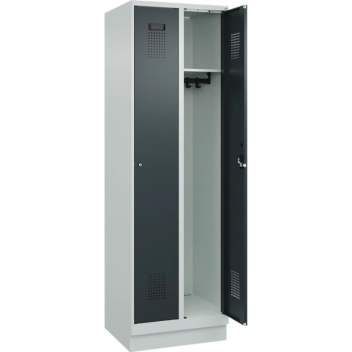 Kleiderspind C+P Evolo Plus, 2 Abteile, 300 mm Abteilbreite, mit Sockel, Anschlag rechts, Zylinder, B 600 x T 500 x H 1950 mm, lichtgrau/anthrazitgrau