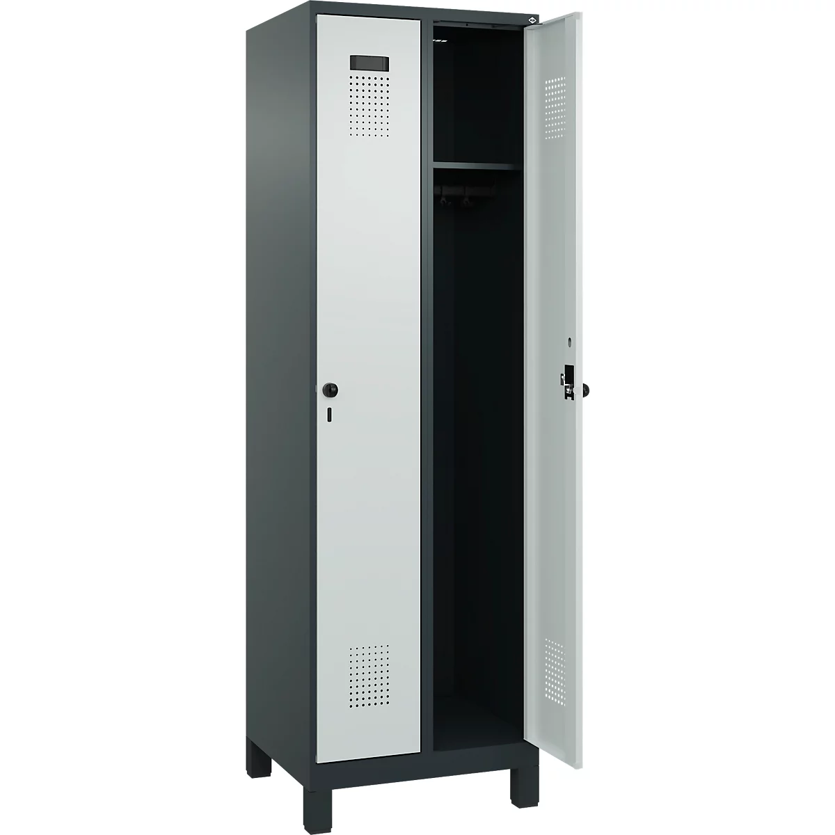 Kleiderspind C+P Evolo Plus, 2 Abteile, 300 mm breit, mit Füßen, Sicherheits-Drehriegel, B 600 x T 500 x H 1950 mm, anthrazitgrau/lichtgrau