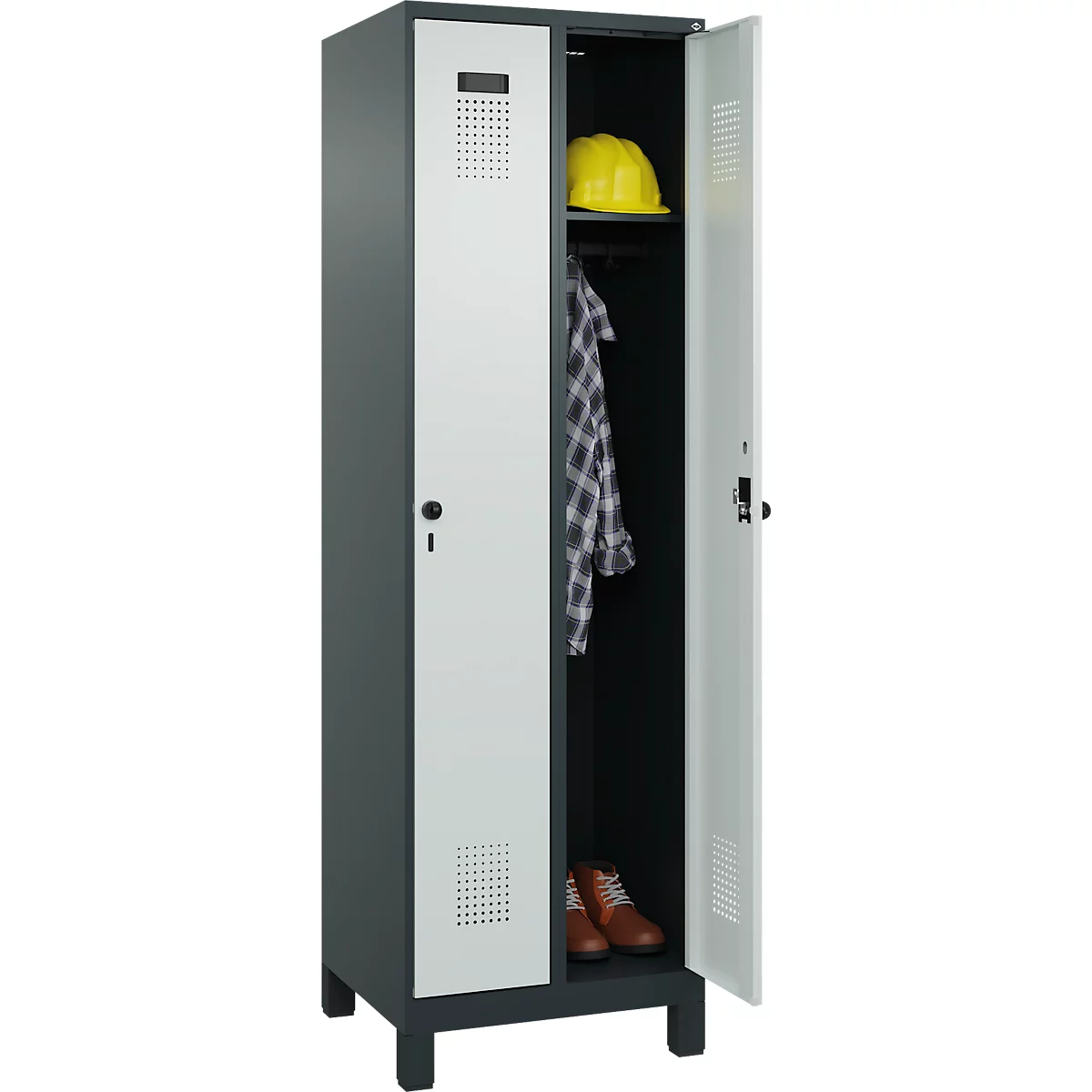 Kleiderspind C+P Evolo Plus, 2 Abteile, 300 mm breit, mit Füßen, Sicherheits-Drehriegel, B 600 x T 500 x H 1950 mm, anthrazitgrau/lichtgrau