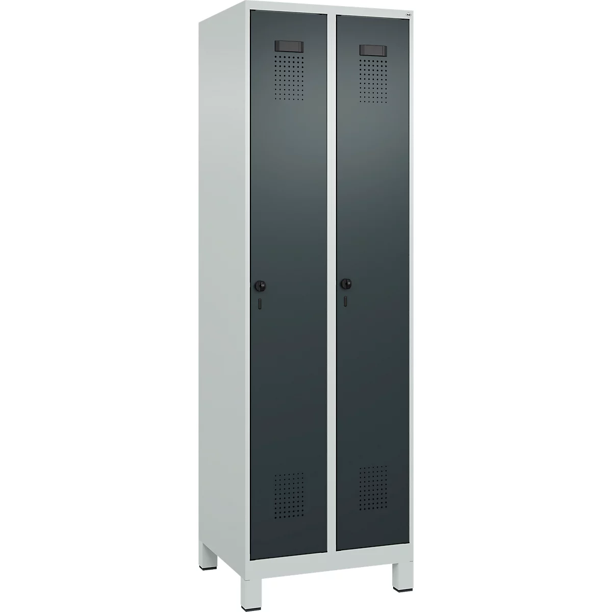Kleiderspind C+P Evolo Plus, 2 Abteile, 300 mm breit, mit Füßen, Sicherheits-Drehriegel, B 600 x T 500 x H 1950 mm, lichtgrau/anthrazitgrau