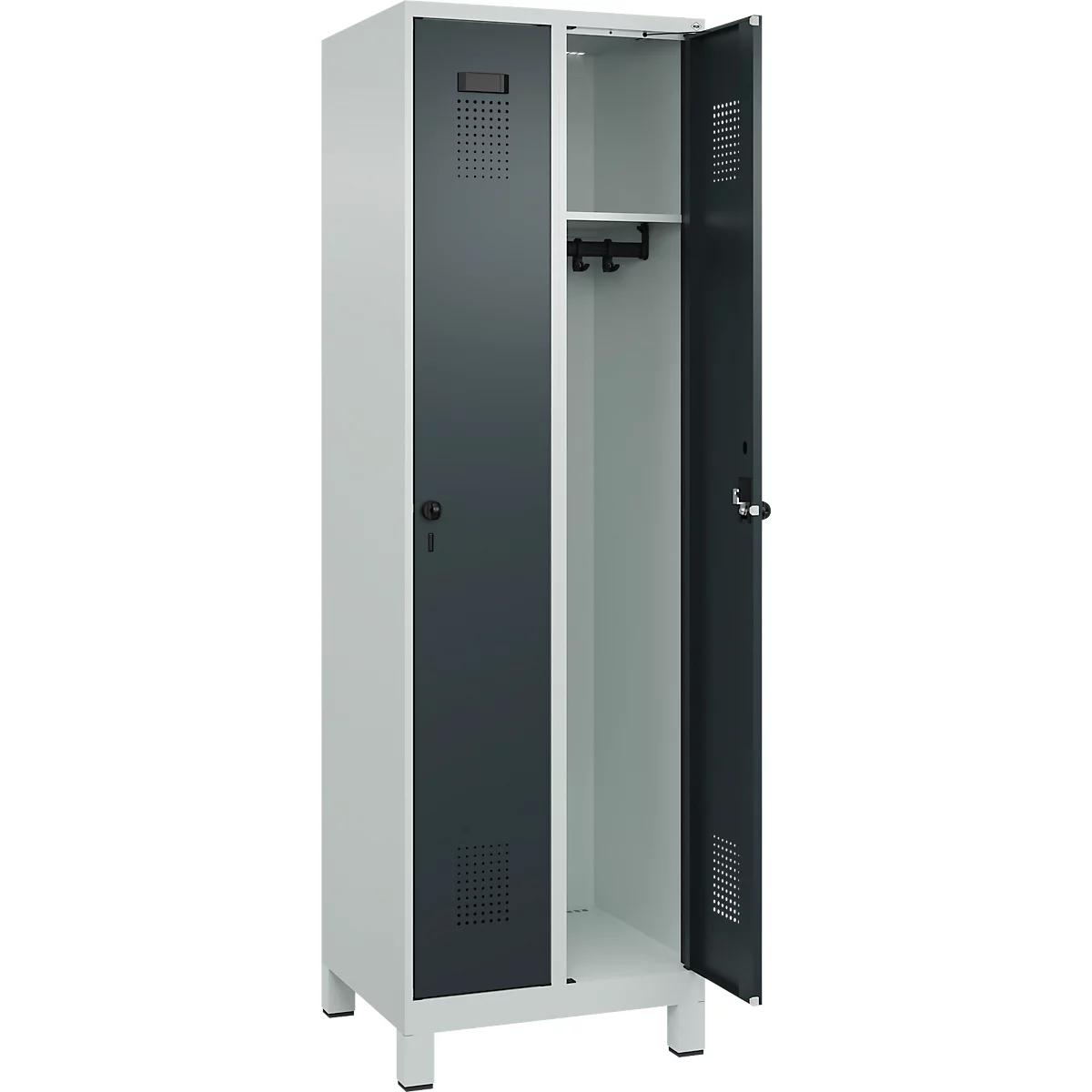 Kleiderspind C+P Evolo Plus, 2 Abteile, 300 mm breit, mit Füßen, Sicherheits-Drehriegel, B 600 x T 500 x H 1950 mm, lichtgrau/anthrazitgrau