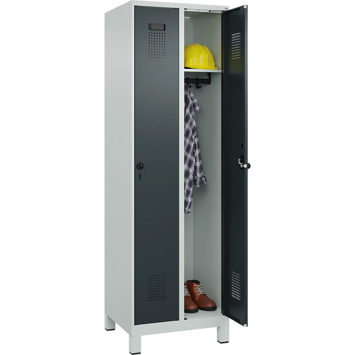 Kleiderspind C+P Evolo Plus, 2 Abteile, 300 mm breit, mit Füßen, Sicherheits-Drehriegel, B 600 x T 500 x H 1950 mm, lichtgrau/anthrazitgrau