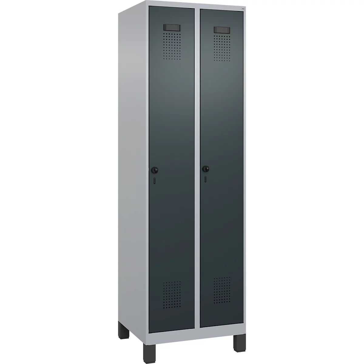 Kleiderspind C+P Evolo Plus, 2 Abteile, 300 mm breit, mit Füßen, Sicherheits-Drehriegel, B 600 x T 500 x H 1950 mm, weißaluminium/anthrazitgrau