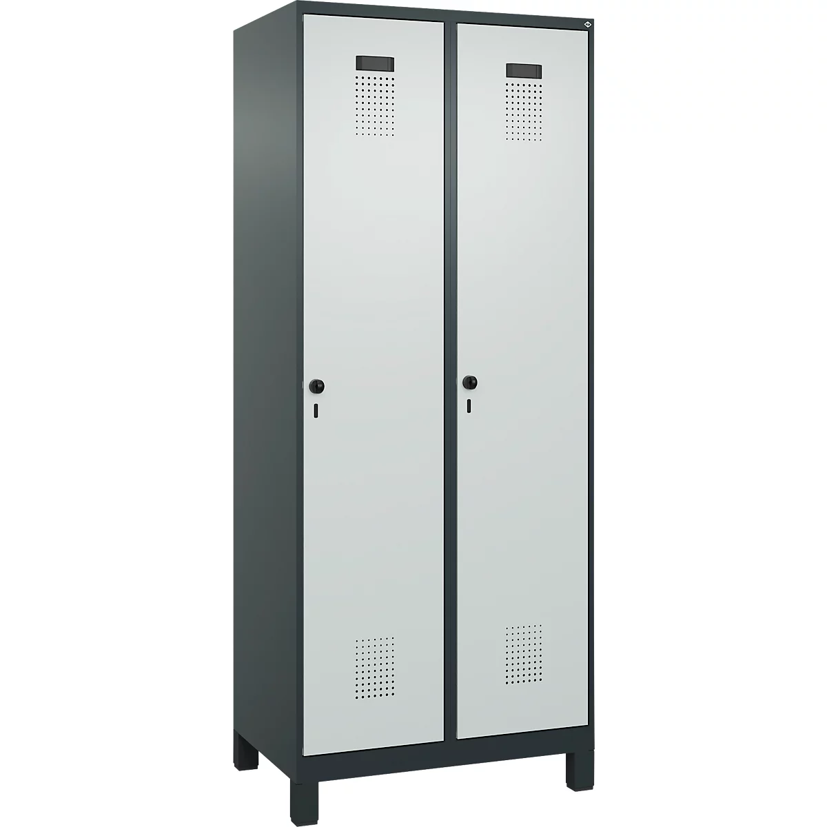 Kleiderspind C+P Evolo Plus, 2 Abteile, 400 mm Abteilbreite, mit Füßen, Anschlag rechts, B 800 x T 500 x H 1950 mm, Drehriegel, anthrazitgrau/lichtgrau