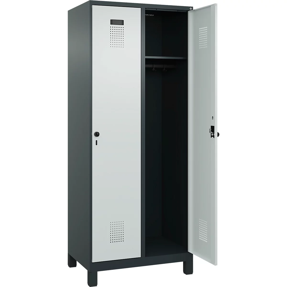Kleiderspind C+P Evolo Plus, 2 Abteile, 400 mm Abteilbreite, mit Füßen, Anschlag rechts, B 800 x T 500 x H 1950 mm, Drehriegel, anthrazitgrau/lichtgrau